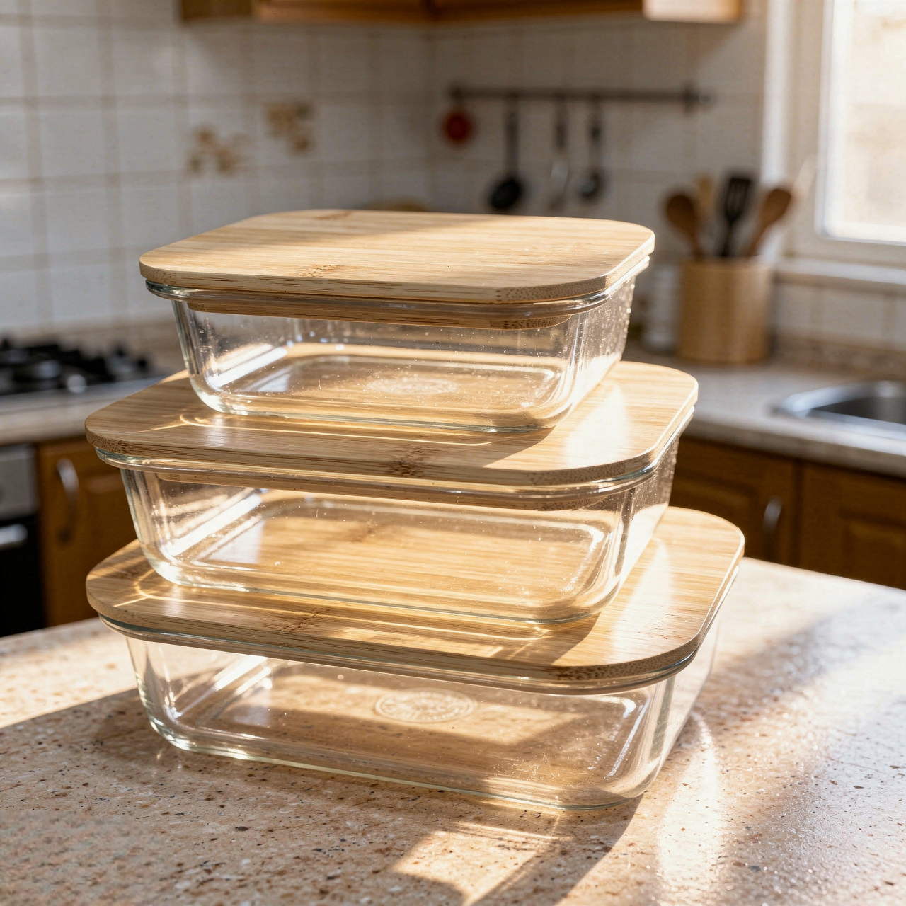 ثلاث علب زجاج بغطاء خشب طبيعي